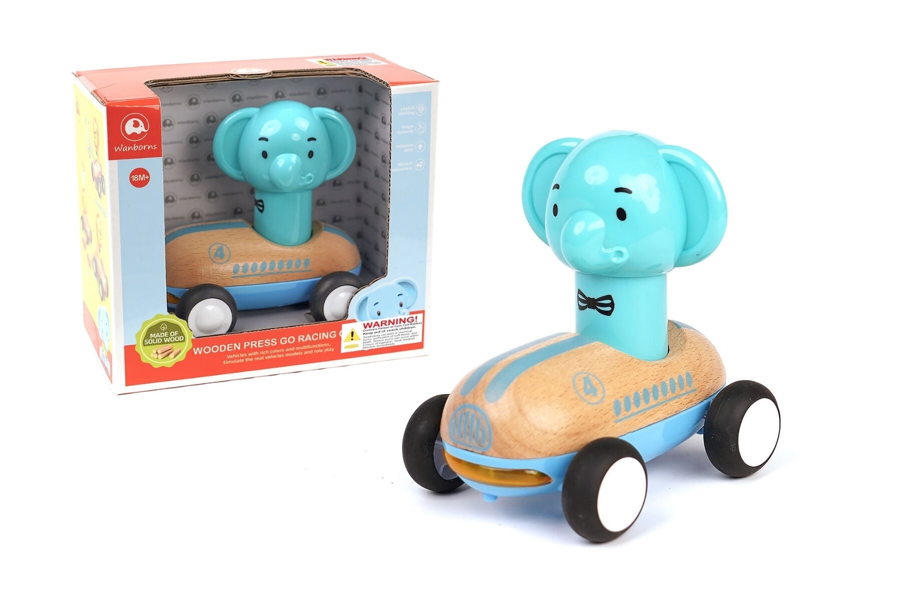 Wooden Press Go Racer Elephant toy by Wanborns featuring sound and light effects, with a colorful elephant design on a white background.